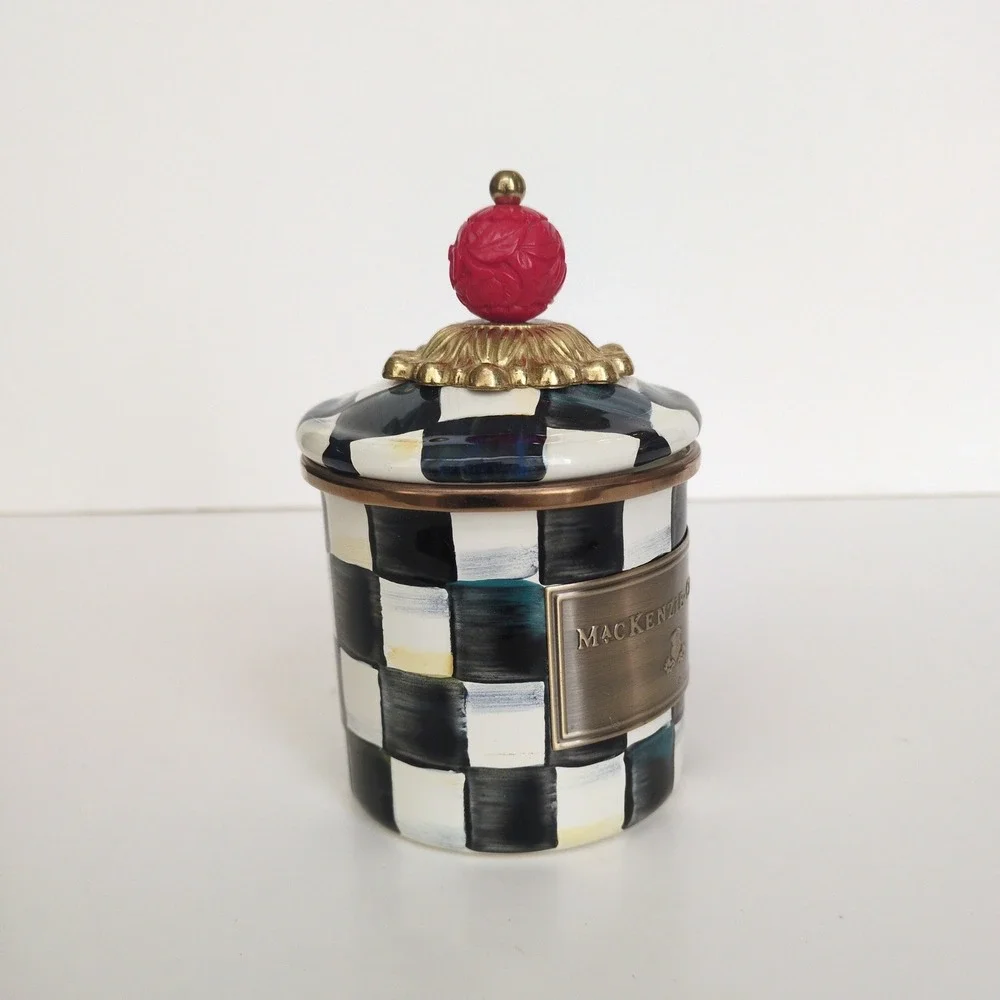 MacKenzie Childs Courtly Check Enamel Canister Small Metal Black White Jar 5.75